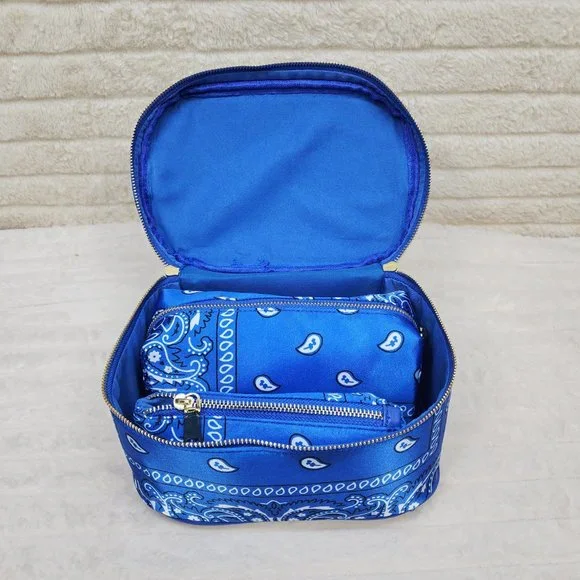 Blue Or Black Bandana Hard Case Make - Up Bag Purse Set of 3 per color - Picture 4 of 16